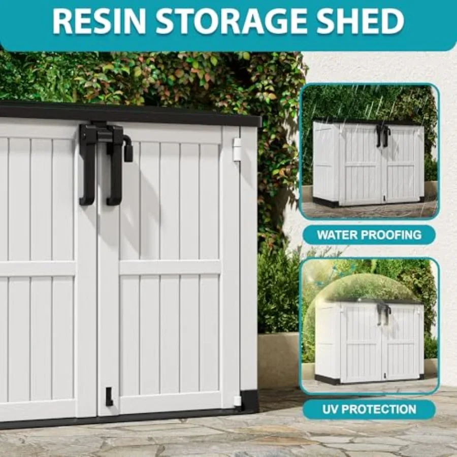 Outdoor resin storage shed for horizontal use, 36 cu ft capacity, gray color, weather-resistant and lockable portable cabinet