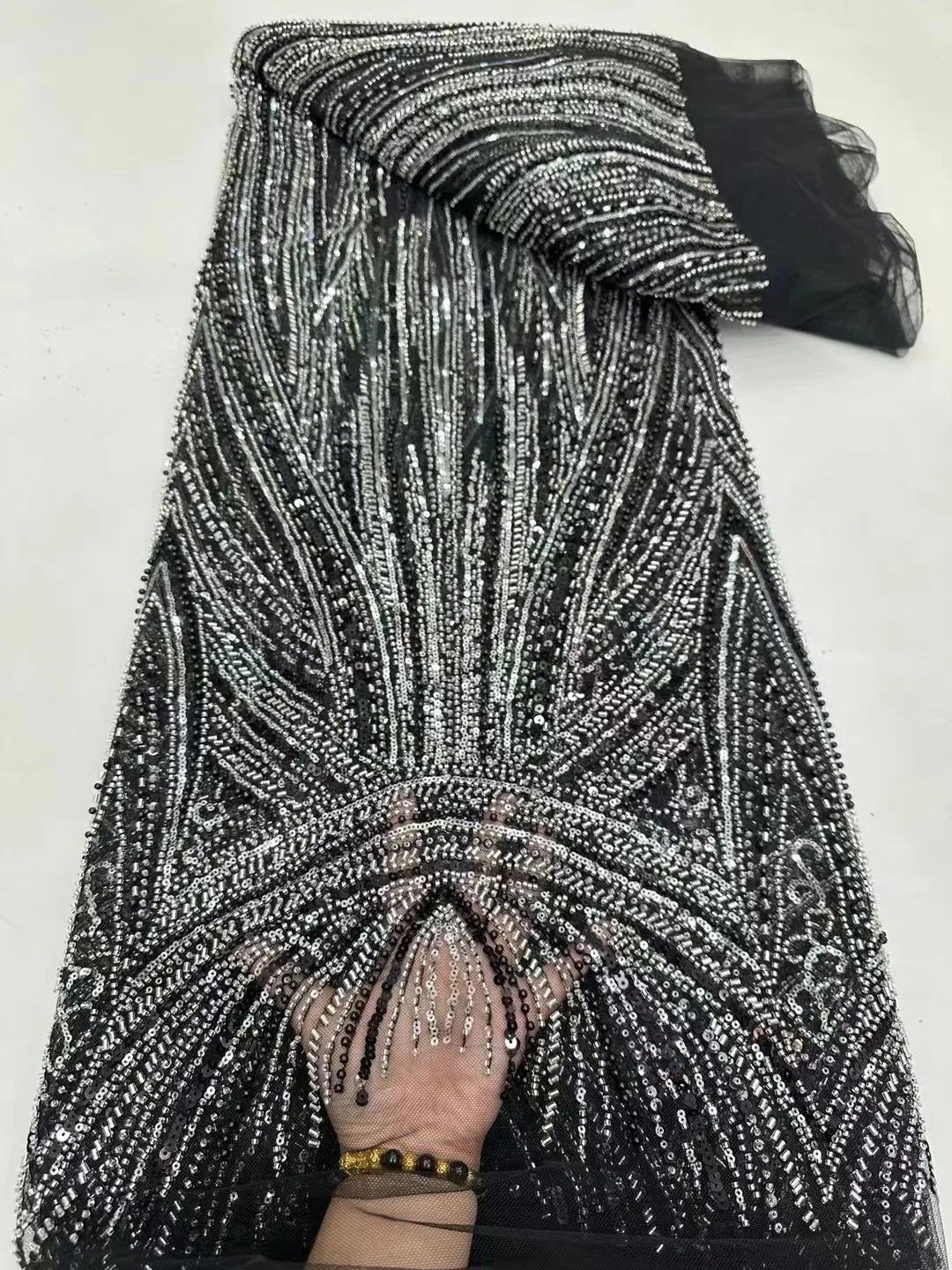 

High Quality Black African French Handmade Beaded Lace Fabric Sewing Sequins Embroidery Nigeria Lace Fabric For Women Wedding