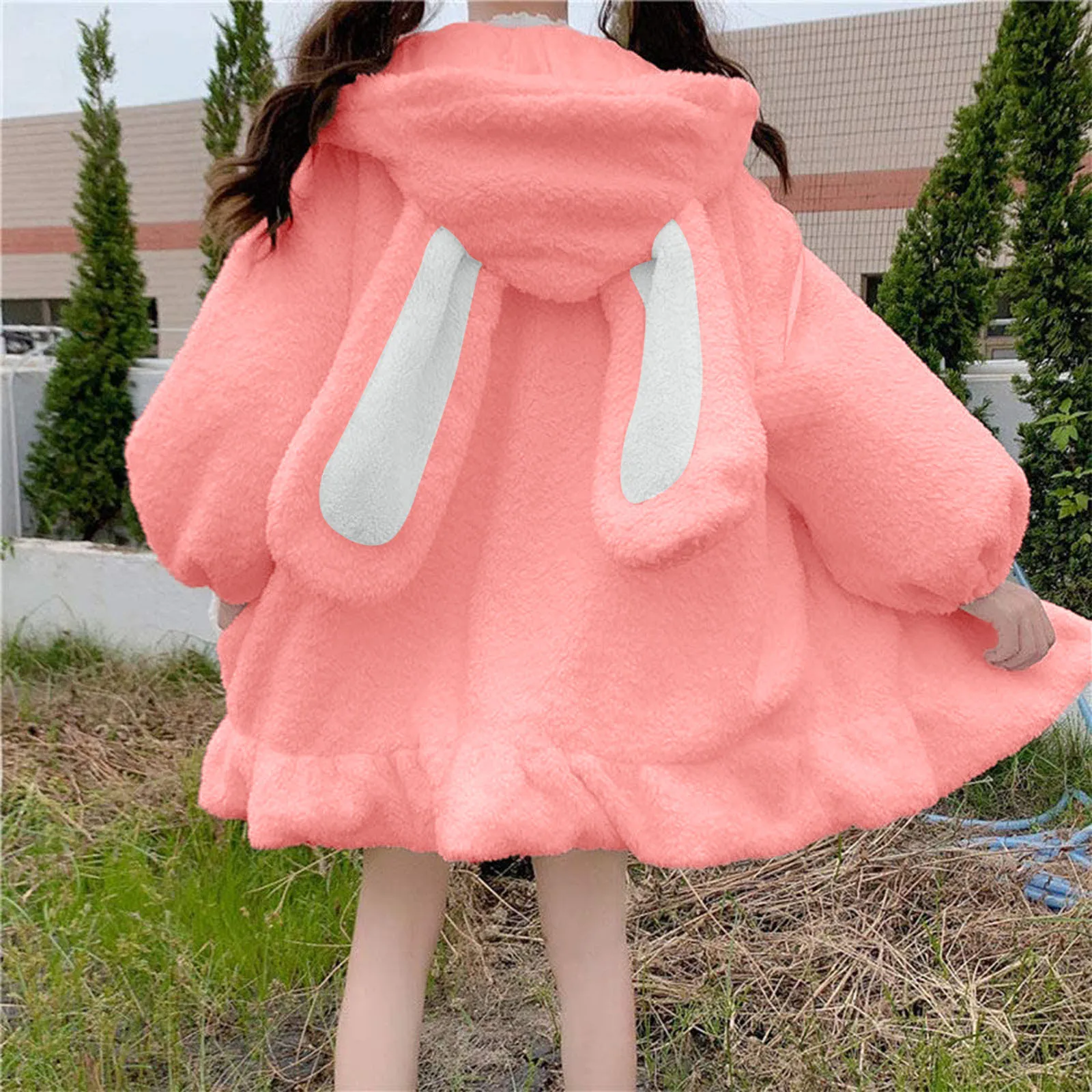 Women's Fluffy Bunny Hoodie Casual Fashion Solid Color Kawaii Coat Loose Long Sleeves Hoodie Crop Coat Cute Warm Hoodies Winter