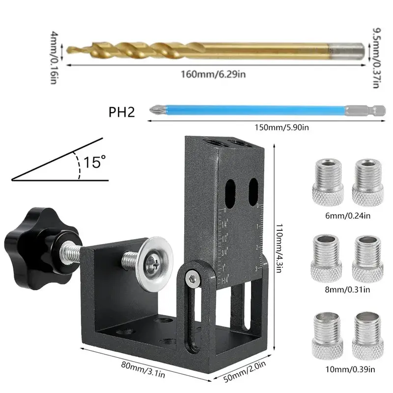 32pcs Pocket Hole Jig 15 Degree Drill Guide Kit Adjustable Woodworking Punch Locator Angled Positioner 6mm 8mm 10mm