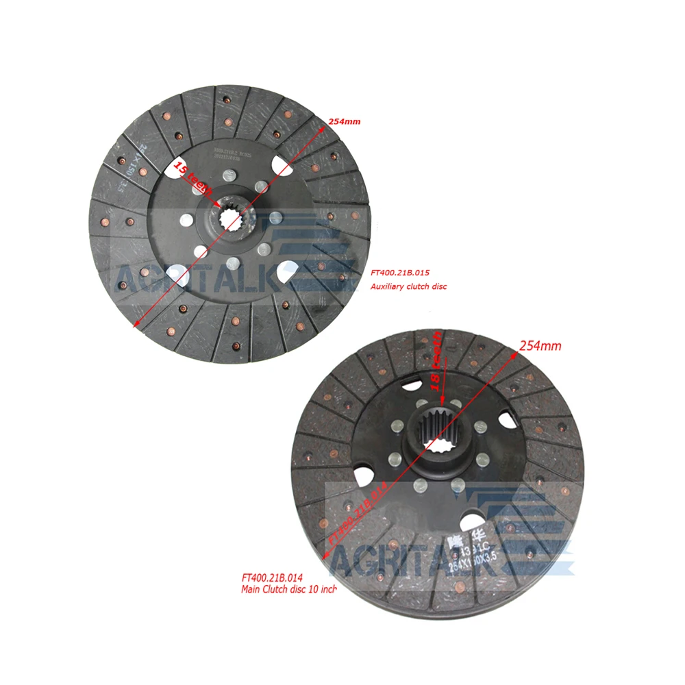 

FT400.21B.014 + FT400.21B.015, диски сцепления для Foton Lovol / Luzhong FT404 / FT454 / LZT454 с 10-дюймовыми двухступенчатыми сцеплениями
