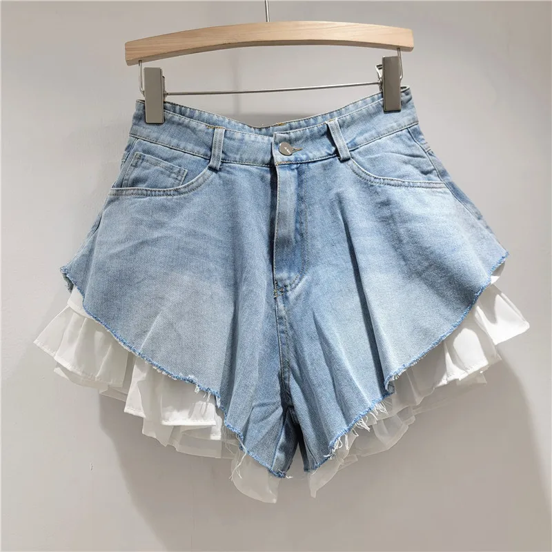 Women's High Waist Raw Edge Layered Denim Skort, Fake Two Piece White Ruffle Underlayer Irregular Hem Light Wash Jean Shorts