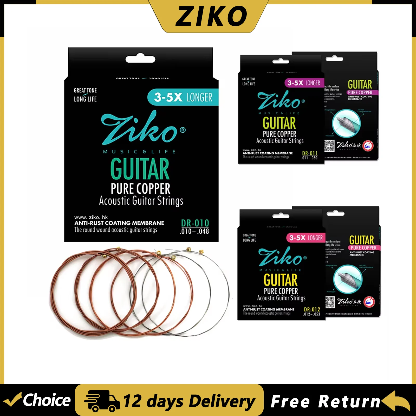 ZIKO Acoustic Guitar Strings Hexagon Alloy Wire Pure Copper Wound Anti-Rust Coating Acoustic Guitar Parts DR-010 DR-011 DR-012