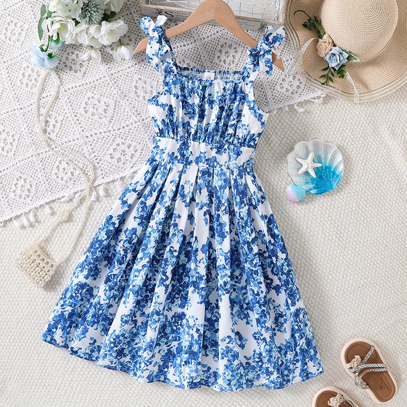 

Girls 8-12 Blue & White Floral Dress, Ruffle Strap Smocked Bodice, Casual Summer Kids Outfit