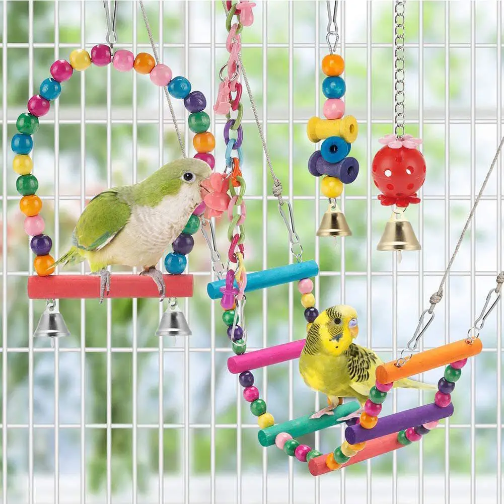 11pcs/Kit Bird Cage Toys For Parrots Wood Birds Swing Reliable Chewable Bite Bridge Wooden Beads Shape Parrot Toy Bird Toys