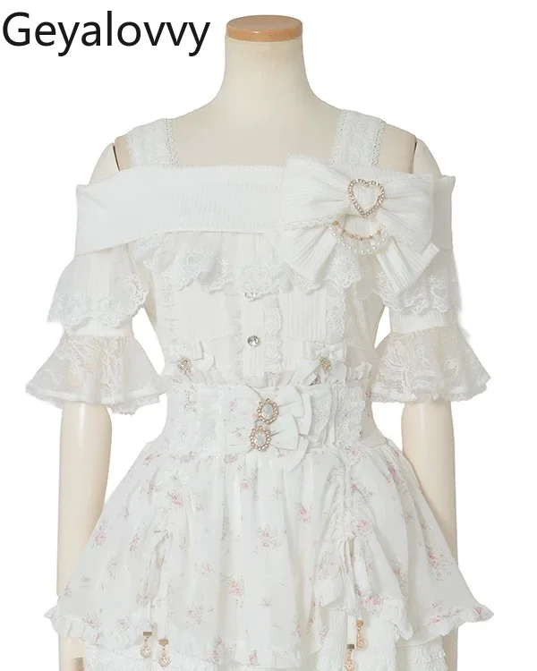 Sweet Cute Girls Versatile Short Sleeve T-Shirt Summer New Japanese Style Big Bow Ribbed Slimming Strap Off-Shoulder Top