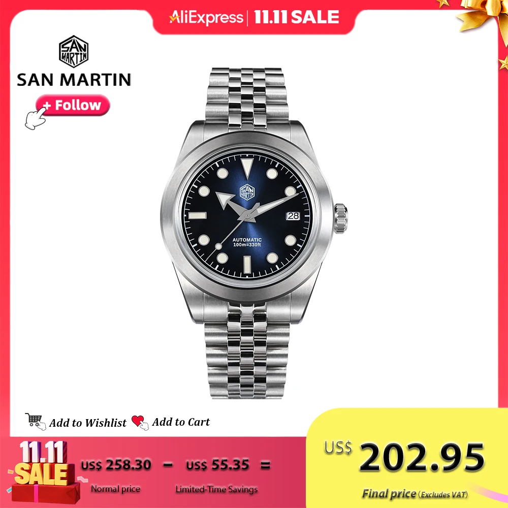 

San Martin 39mm Watch Jubilee Bracelet NH35 Automatic Mechanical Watches for Men Lume Sunray Enamel Dial Waterproof 10Bar SN0053