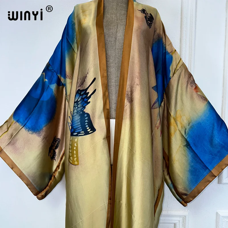 Winyi Afrika Zomer Mode Kimono Maxi Jurk Strand Cover Cardigan Boho Maxi Jas Abayas Print Kaftan Strand Outfits Vrouwen