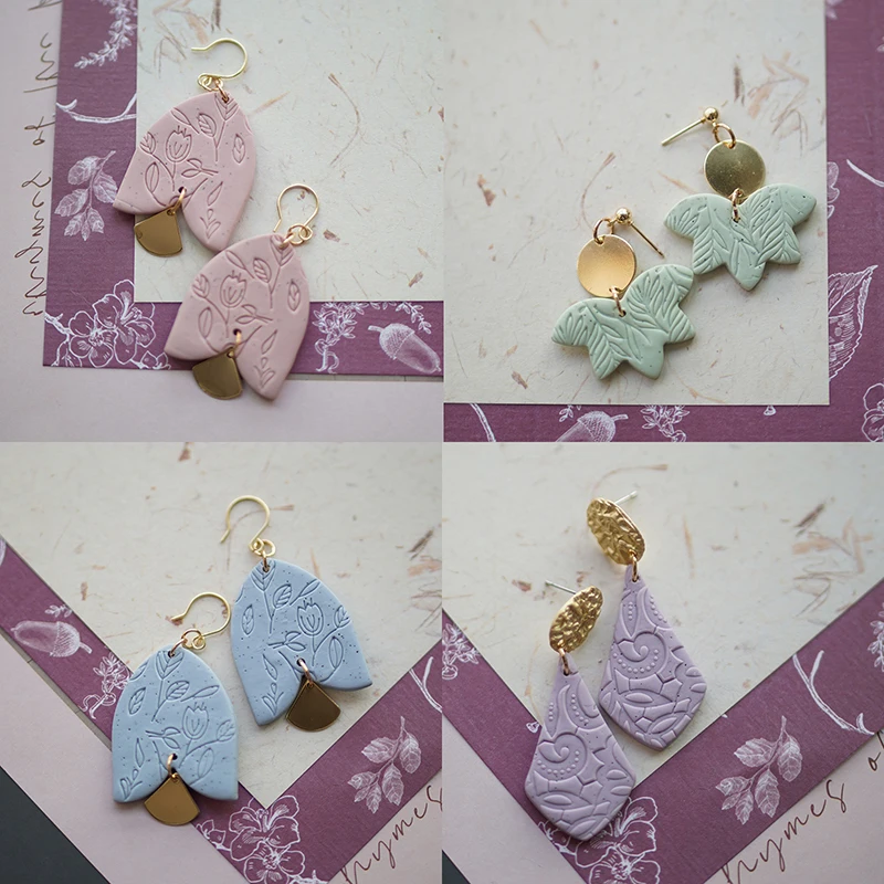 

Multi Shapes Pale Colors Sandy Effect Leaves Pattern Special Metal Polymer Clay Vintage Elegant Earrings Jewelry Stud Sets Party