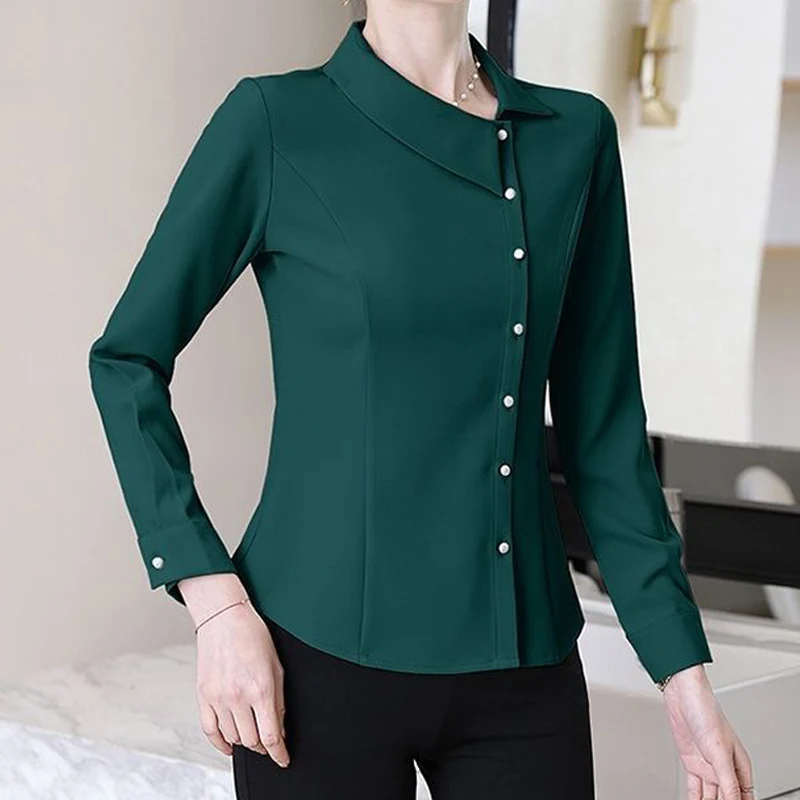 Elegant Chic Office Lady Asymmetrical Slim Button Female Shirts Spring Autumn Fashion Solid Long Sleeve Tops Blouses for Women