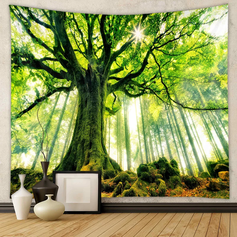 Großer Wandteppich, grüner Wald, Naturlandschaft, Polyester-Wandteppich, Raumdekorationsartikel für Wohnzimmer, Schlafzimmer, Wohnheim, Büro