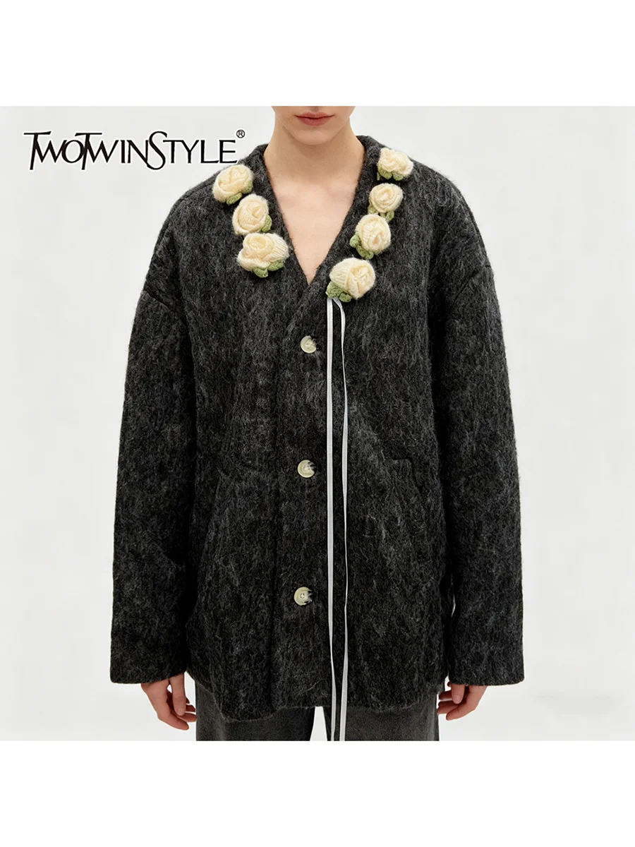 

TWOTWINSTYLE однотонные свободные повседневные пальто с 3D цветами для женщин с v-образным вырезом и длинными рукавами в стиле пэчворк, модное пальто с лентами, женское новое