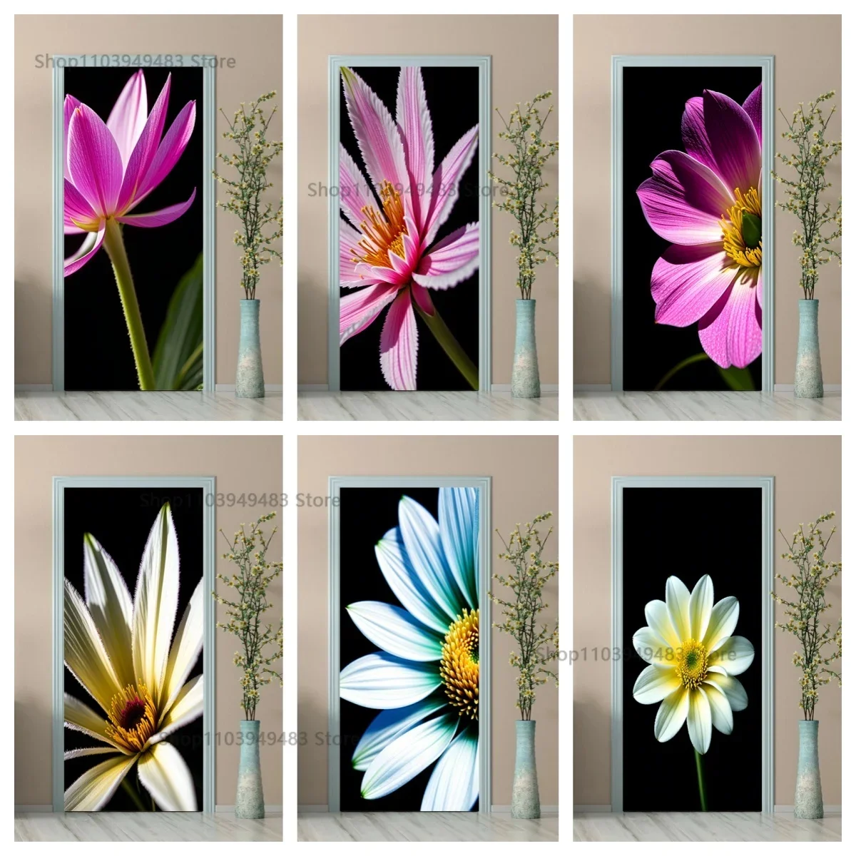 Colorful Blooming Flowers Series Art Mural Wall Adhesive Plates Full Door Wrap Sticker for Room Cabinet Closet Ornamental Decals