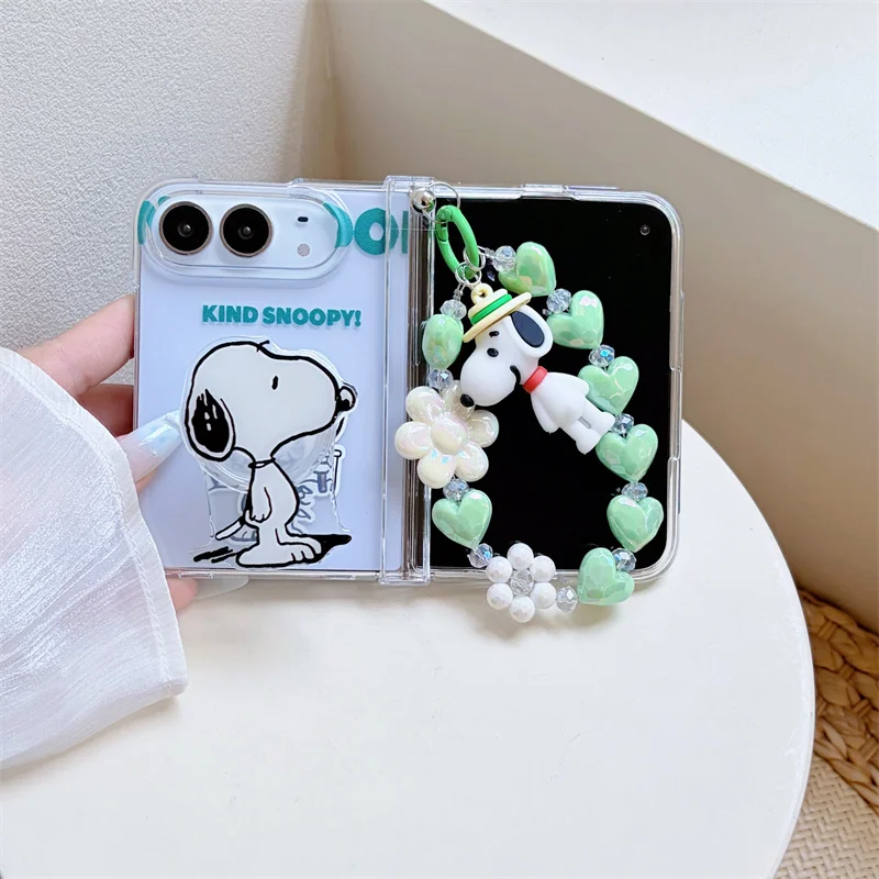 Cute Kind Snoopy Pattern Transparent Flip Phone Case For iPhone Duo Shell Colorful Beaded Hand Chain Charlie Brown Figure Cover