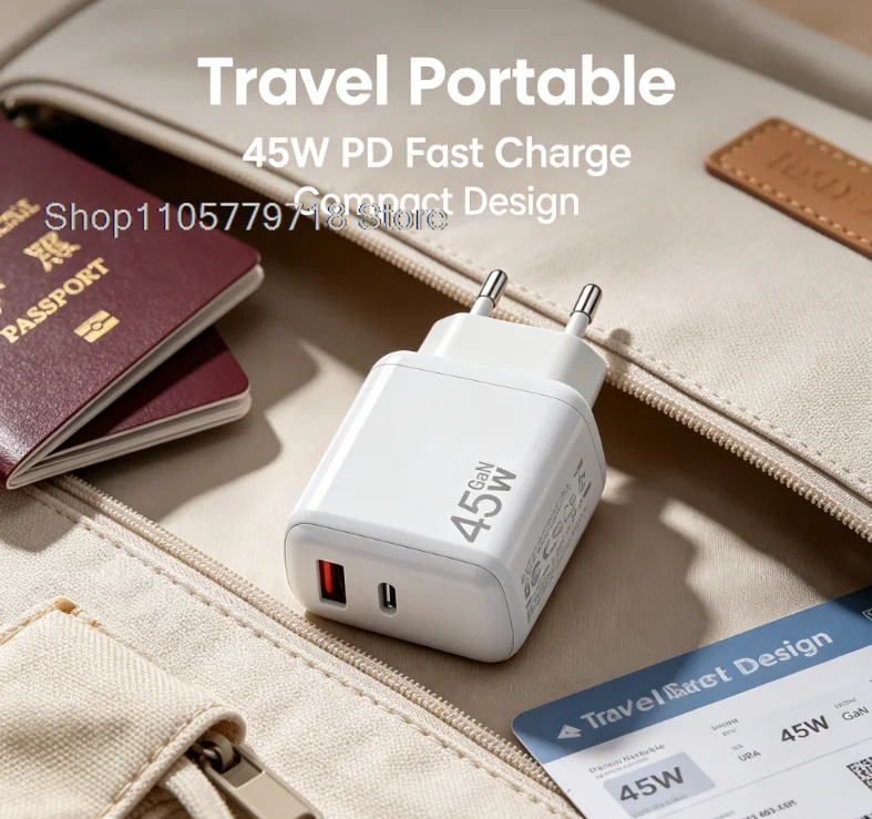 【EU/US Plug】45W GaN 2‑Port USB‑C Compact Fast Wall Charger PD QC3.0 Power Adapter For iPhone Samsung Xiaomi Type‑C Phone Charger