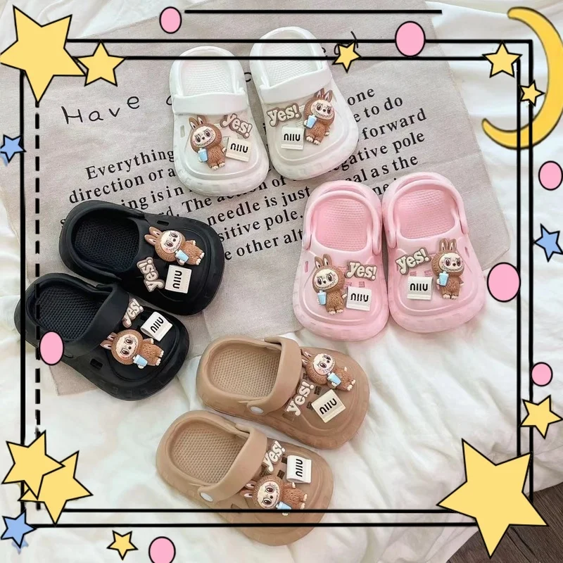

New Labubu Girls Cartoon Slippers Coffee Labubu Double Color Combining Versatile Eva Hole Shoes Soft Sole Anti-Slip Sandals