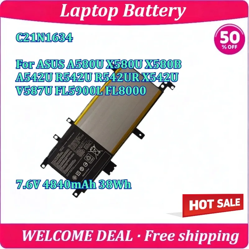 

New C21N1634 Laptop Battery For ASUS A580U X580U X580B A542U R542U R542UR X542U V587U FL5900L FL8000 7.6V 4840mAh 38Wh Battery