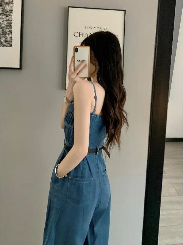 Jumpsuits Women Wide Leg Trousers Folds Sleeveless Summer New High Waist Design BF Denim Clothing Sweet Harajuku Simple Vintage