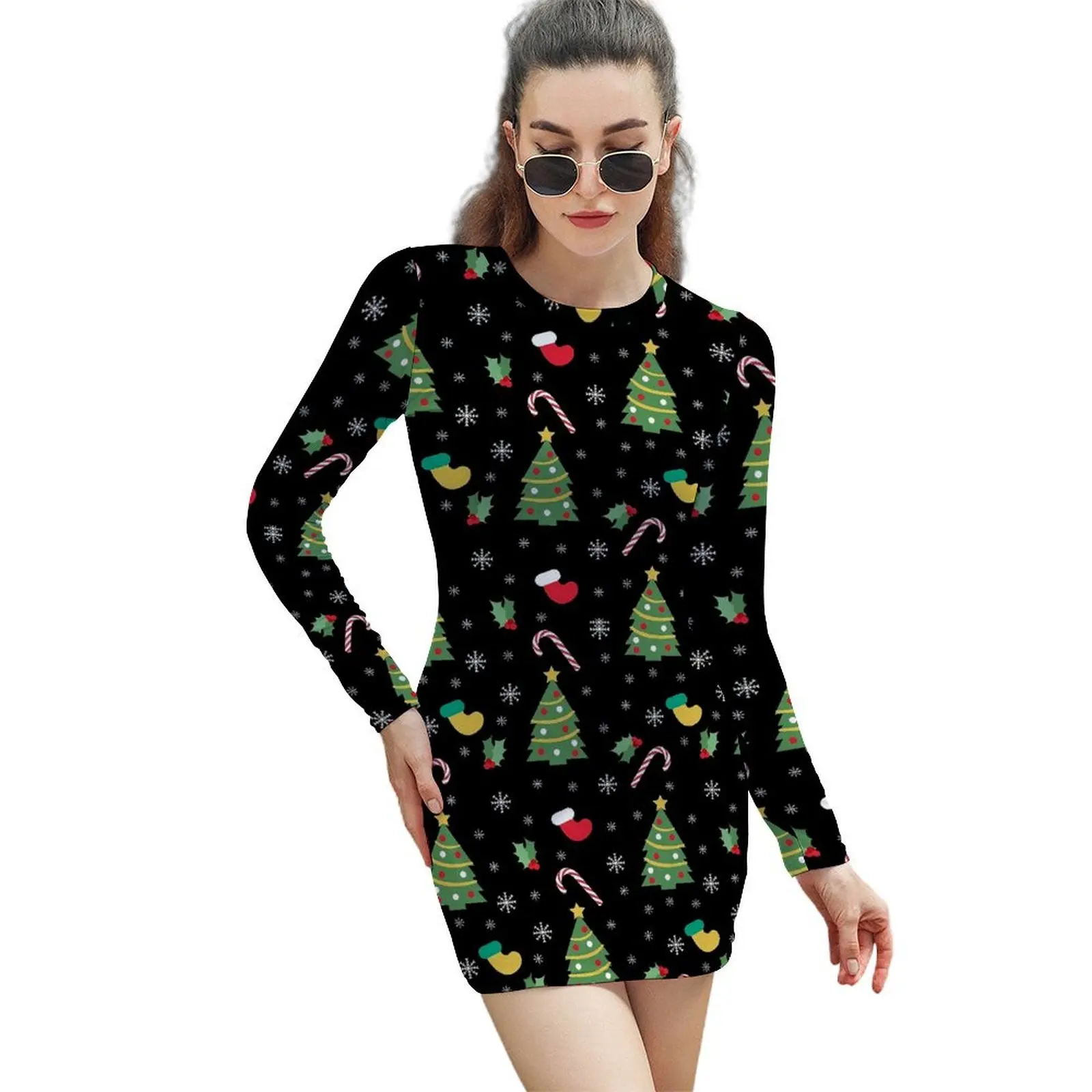 

Christmas Print Dress Women Green Tree Streetwear Bodycon Dress Spring Long Sleeve Vintage Dresses Design Oversized Clothing