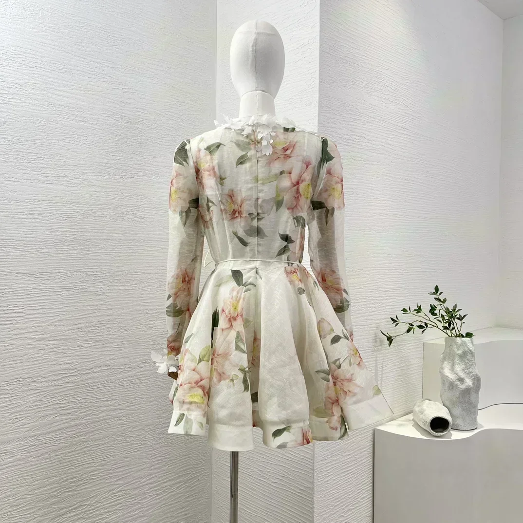 2024 New Summer White High Quality Linen Silk long Sleeve Floral Print 3D Flower Decoration Women Elegant Mini Dress