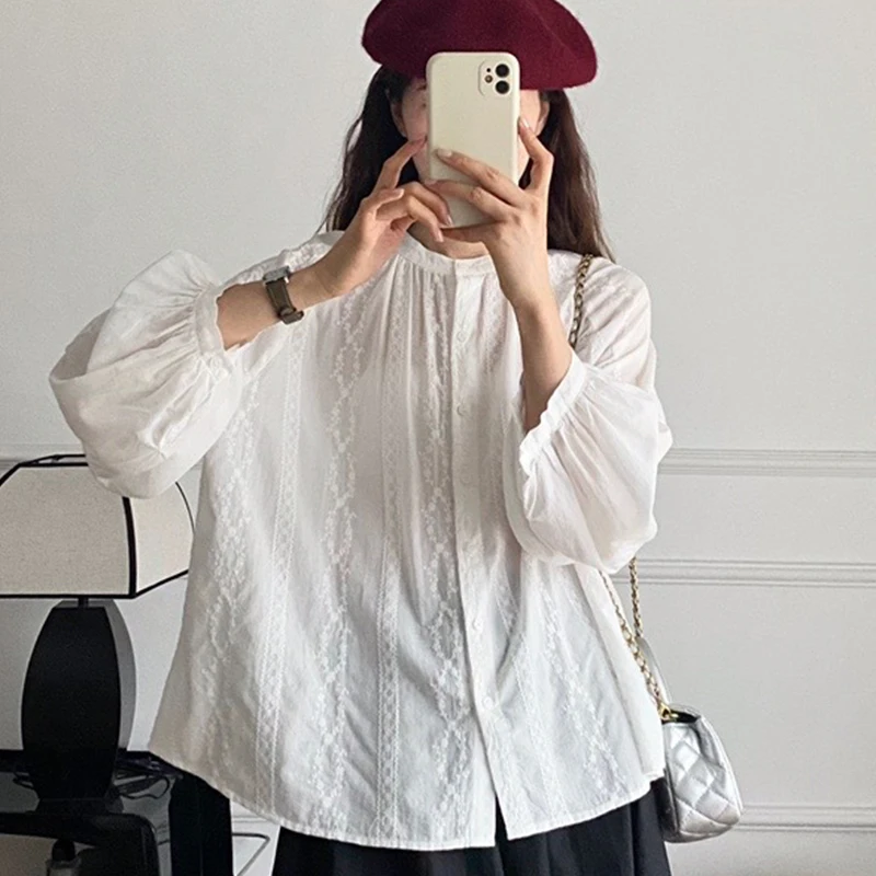 

White Floral Embroidery Shirts Women Spring Autumn Elegant Long Lantern Sleeve Blouses Woman O-Neck Single Breasted Female