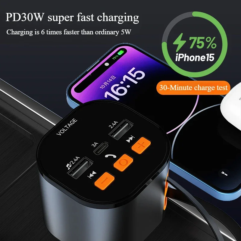 

Car charging digital display Bluetooth PD fast charging 100W telescopic data cable 3-in-1 car charger cigarette lighter