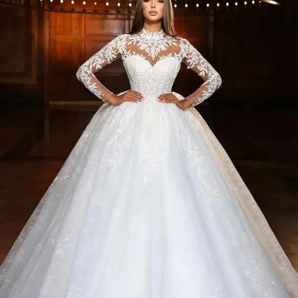 2026 Luxury Lace Sequin Princess Wedding Dresses Appliques High Neck Full Sleeves Bridal Gowns Vestido De Novia Customization