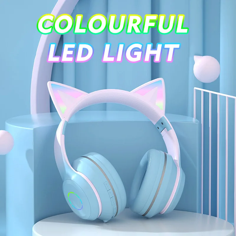 Gradient LED Glow Headphones with Cat Ear Design, Wireless Bluetooth, Cute and Stylish