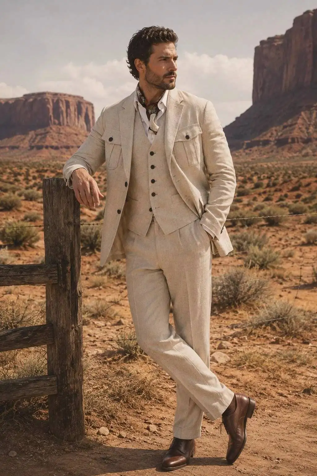 Beige Linen 3 Piece Safari Suit Men Hunting Patch Pocket Relaxed Jacket Vest Trousers Summer Outdoor Wedding Casual Customized