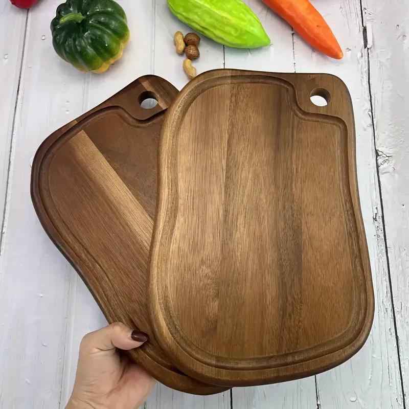 Acacia Wood Log Chopping Board with Round Hole, Best Cheese Suitable for Cooked Food Board Kitchen Wooden Cutting Meat Vegetable Bread Fruit Service Board Wooden Butcher Block Carving Board 39cm X 19cm