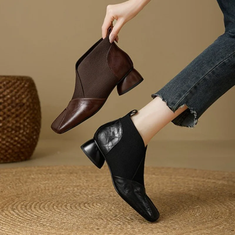 

French Style Women's Deep-Vamp Shoes & Ankle Boots: Square Toe, Mid Chunky Heel, Genuine Leather, Wool Cuff, Elastic & Fleece