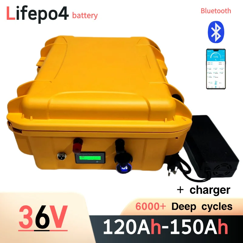 Batterie Lithium LiFePO4 Étanche, 36V, 100Ah, 200Ah, 48V, 150Ah, avec Bluetooth, pour Tricycle, Voiturette de Golf 5000W, avec C