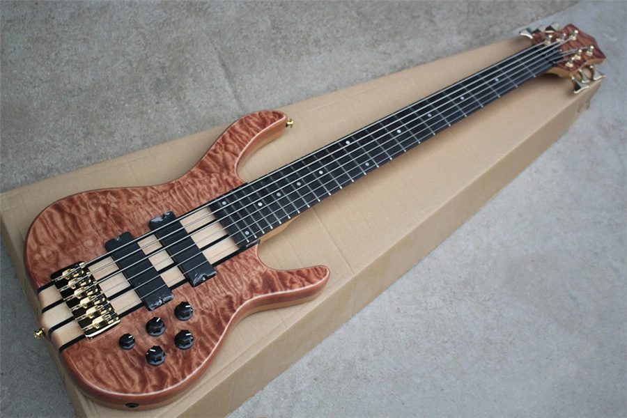 Flyoung 6 Strings Active Pickups Electric Bass Guitar with Quilted Maple Top,Offer Customize