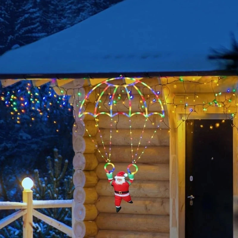LED Santa Parachute Christmas Lights, USB Powered Hanging Decoration for Roof Eaves Balcony Garden Holiday Decor