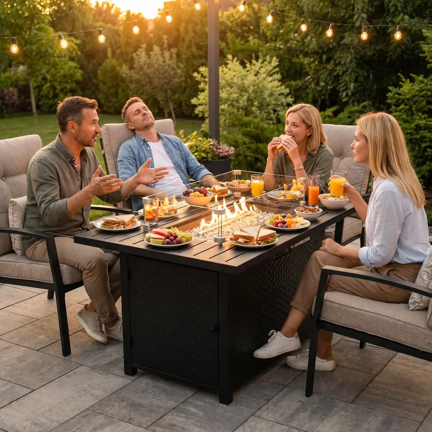 Propane Fire Pit Table, 50,000 BTU CSA-Certified Outdoor Gas Fire Table with Lid, Lava Rock & Glass Wind Guard, Smokeless