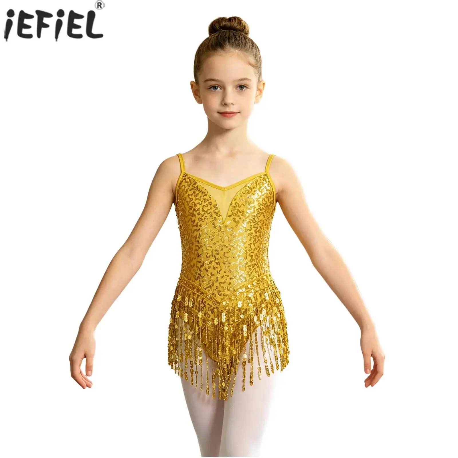 Kids Girls Latin Jazz Dance Fringe Dress Sleeveless Shiny Sequins Mesh Tassels Leotards Ballroom Samba Tango Cha Cha Costume