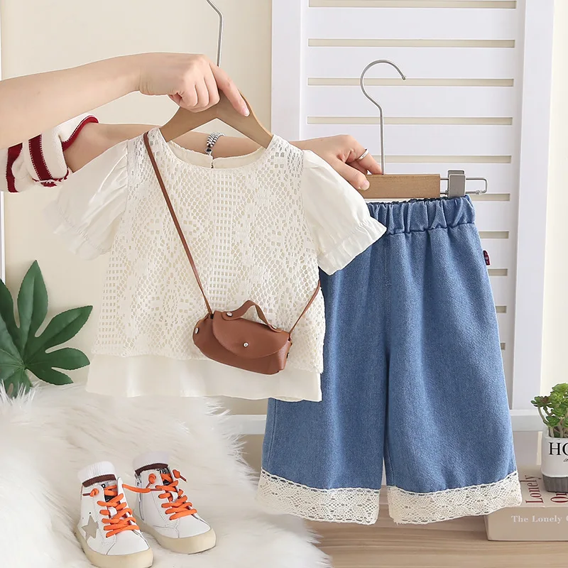 Toddler Girls Outfits 2026 Summer Baby Girl Fashion Sweet Style Lace Puff Sleeve Top + Denim Shorts with Bag Kids Clothes Set
