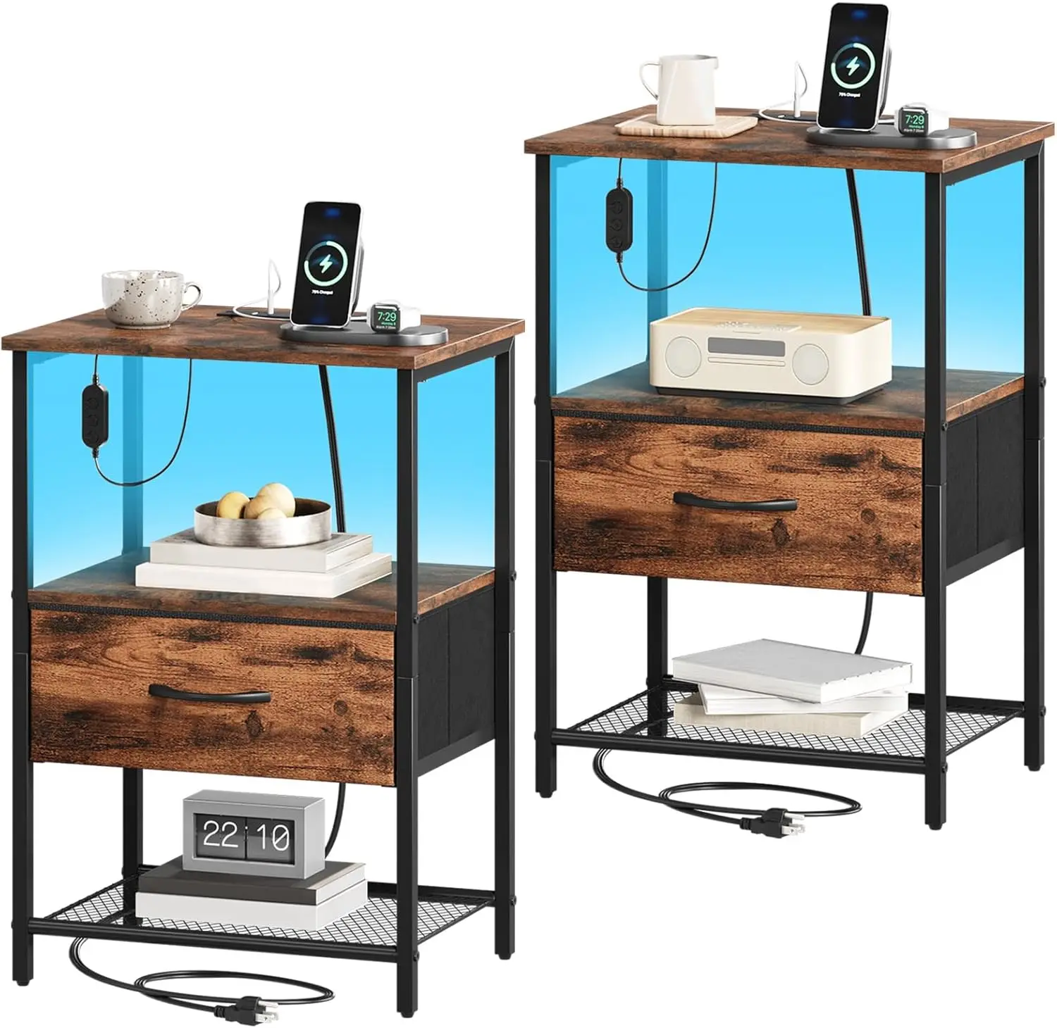 

2-Piece Nightstand Set with Charging Station & LED Lights for Bedroom, Dorm, or Entryway