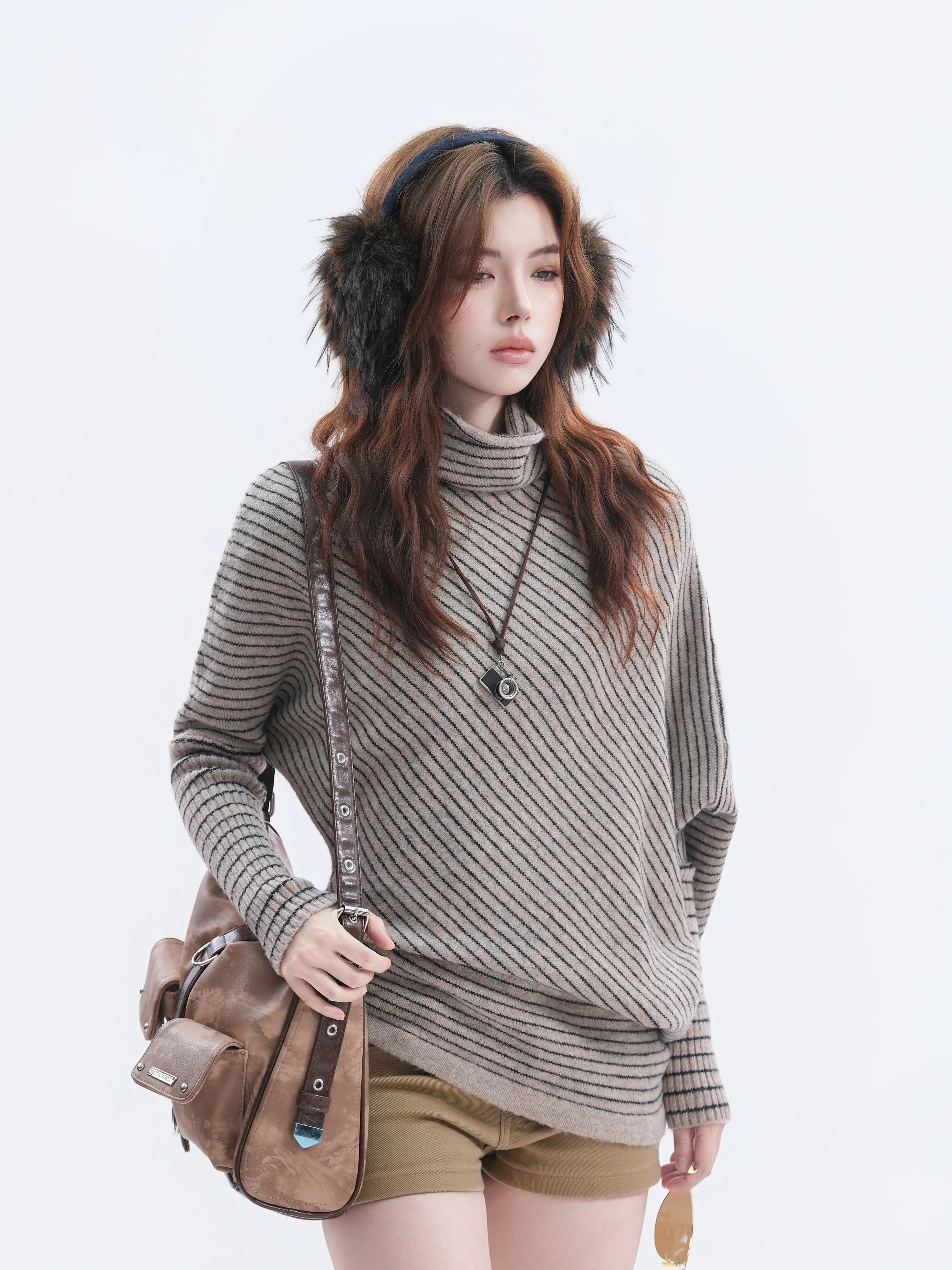 Short Loose Batwing Sleeve High Collar Striped Knitted Sweater for Women Casual Style Autumn Winter Fashion Online Exclusive
