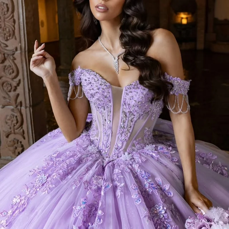 

Блестящее фиолетовое платье Quinceanera, кружевное многослойное платье с кристаллами и открытыми плечами, блестящая наклейка с бантом, платья de 15, Quinceanera ﻿ Индивидуальный