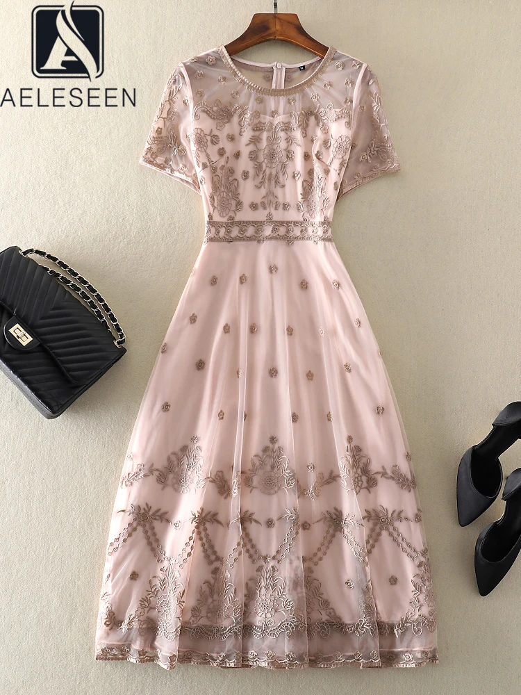 

AELESEEN Fashion Designer Summer Dress Women's Short Sleeve Luxury Pink Flower Embroidery Mesh Elegant Knee-length Holiday