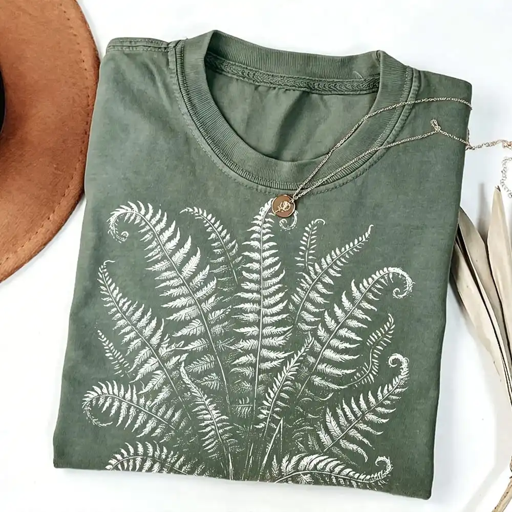 Forest Fern Shirt Vintage Linocut Fern Leaves Shirt Mineral Wash 90s Style Top Botanical Shirt Cottagecore Nature Tee