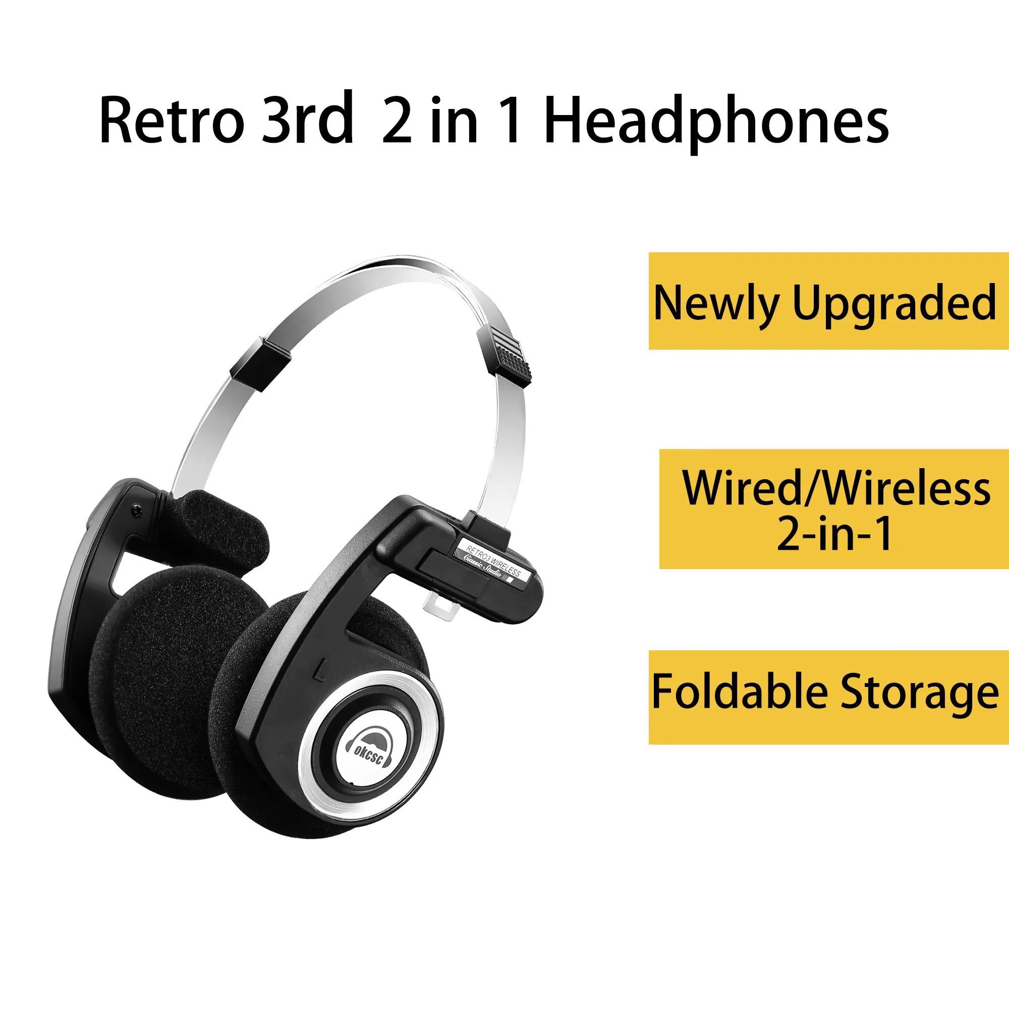 

OKCSC Retro 3rd Generation 2 in 1 Wireless Headphones BT 5.3 40mm Drive Open-ear Noise Reduction Headset Two Connection Modes