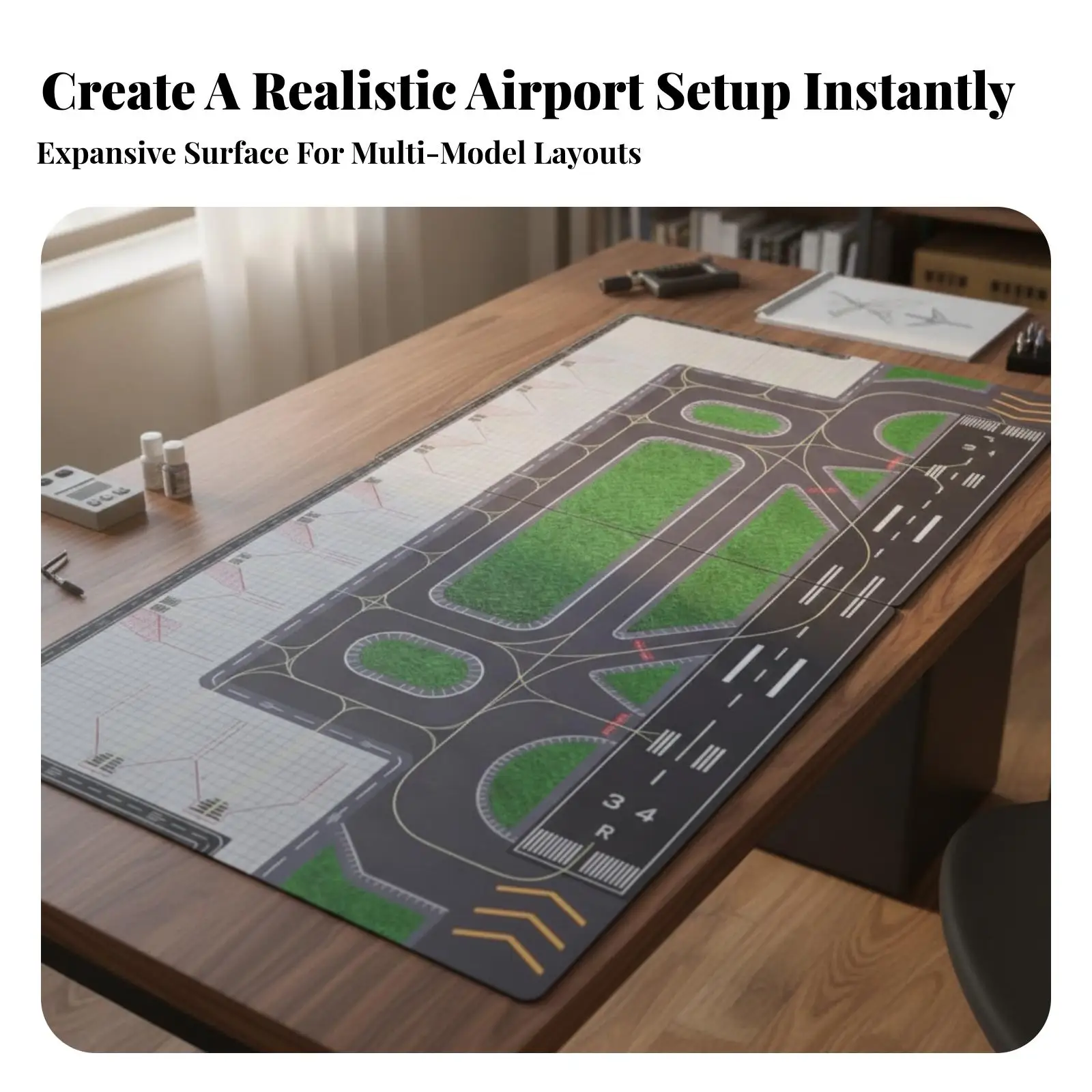 Durable Rubber Airport Runway Mouse Pad Oversized Play Mat for Hobby Room Showcase with Taxiway Identification and Grass Zones