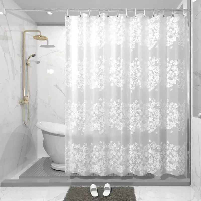 White Floral PEVA Shower Curtain - Gray Botanical Waterproof With Metal Rings & Easy Wipe Clean
