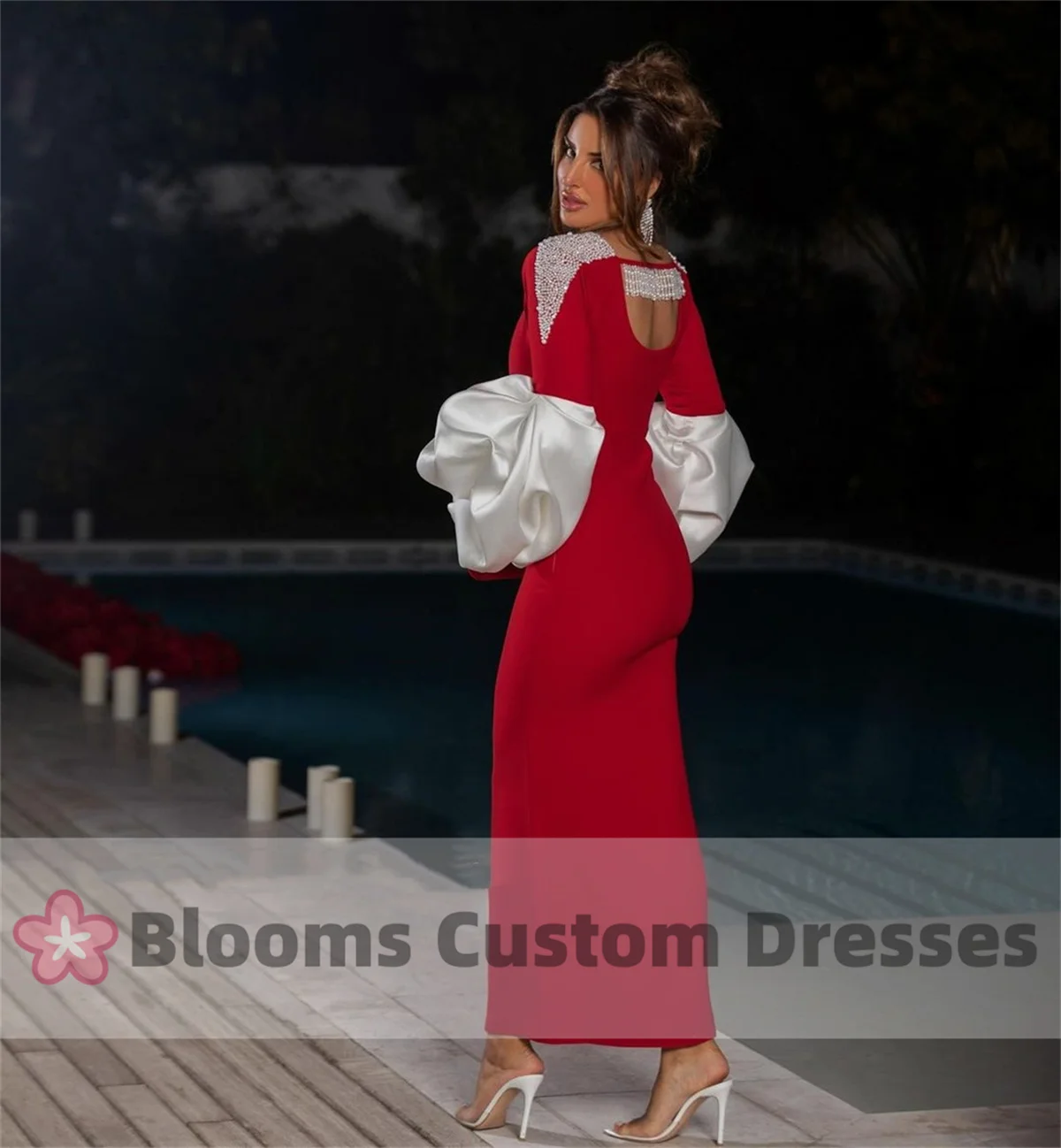 Blooms Pearls Beads Red Customized Prom Dress Puff Sleeves Luxury Evening Dress 2024 Slim Fit Party Gown For Formal Occasion