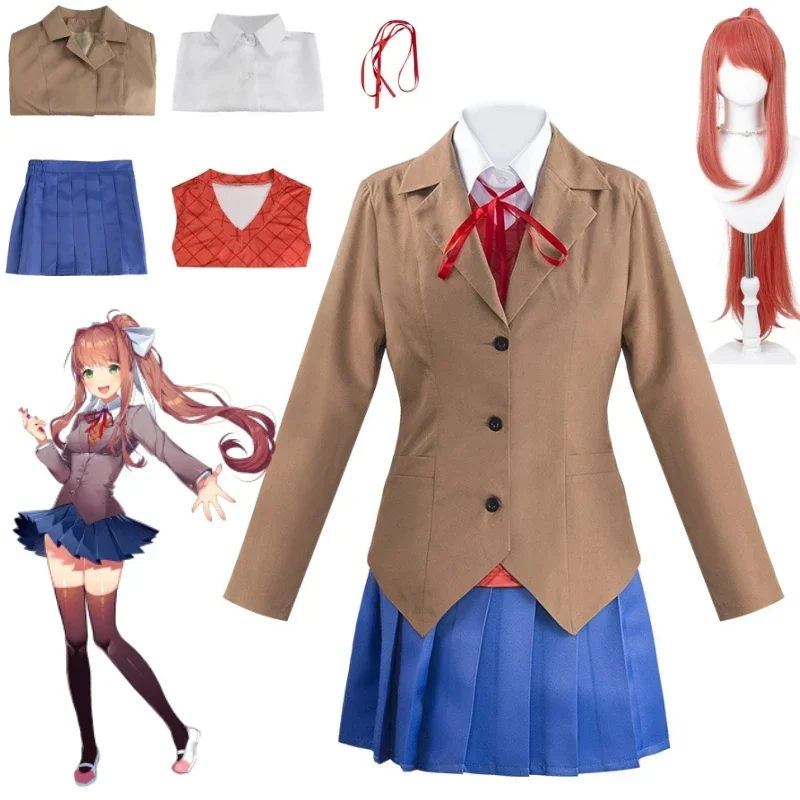 

Game Doki Doki Literature Club Monika Cosplay Sayori Yuri Natsuki Cosplay Costume Wig Set School Uniform Girl Women Costumes