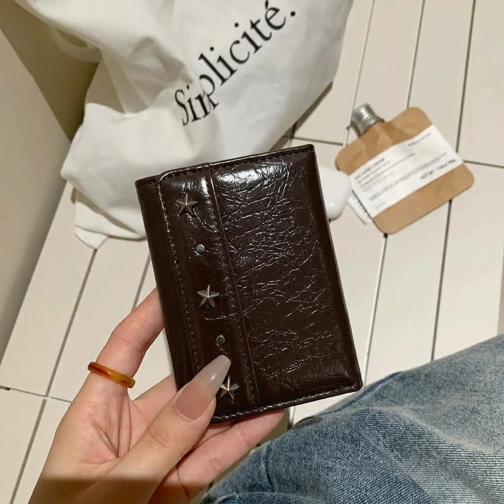 Korean Style Star Studs Wallets Vintage Crinkled Texture Women Trifold Wallet Coin Purse Pu Leather Money Bag Multi-Card Holder
