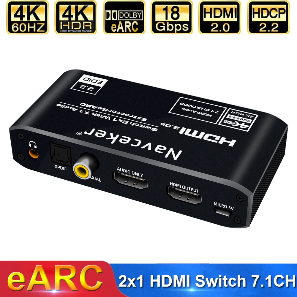 Navceker 4K 120Hz przełącznik HDMI eARC de ekstraktor Audio optyczny Toslink HDMI 2.0 przełącznik 4K 60Hz przełącznik HDMI er pilot na PS5 XBox