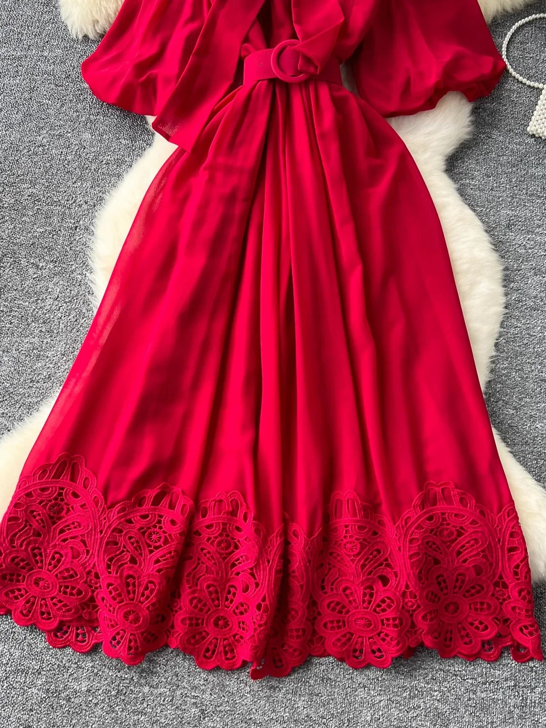 Summer Vintage Women Red/Yellow/Blue/White Lace Patchwork Long Dress Elegant Bow Collar Puff Sleeve High Waist A-Line Robe New